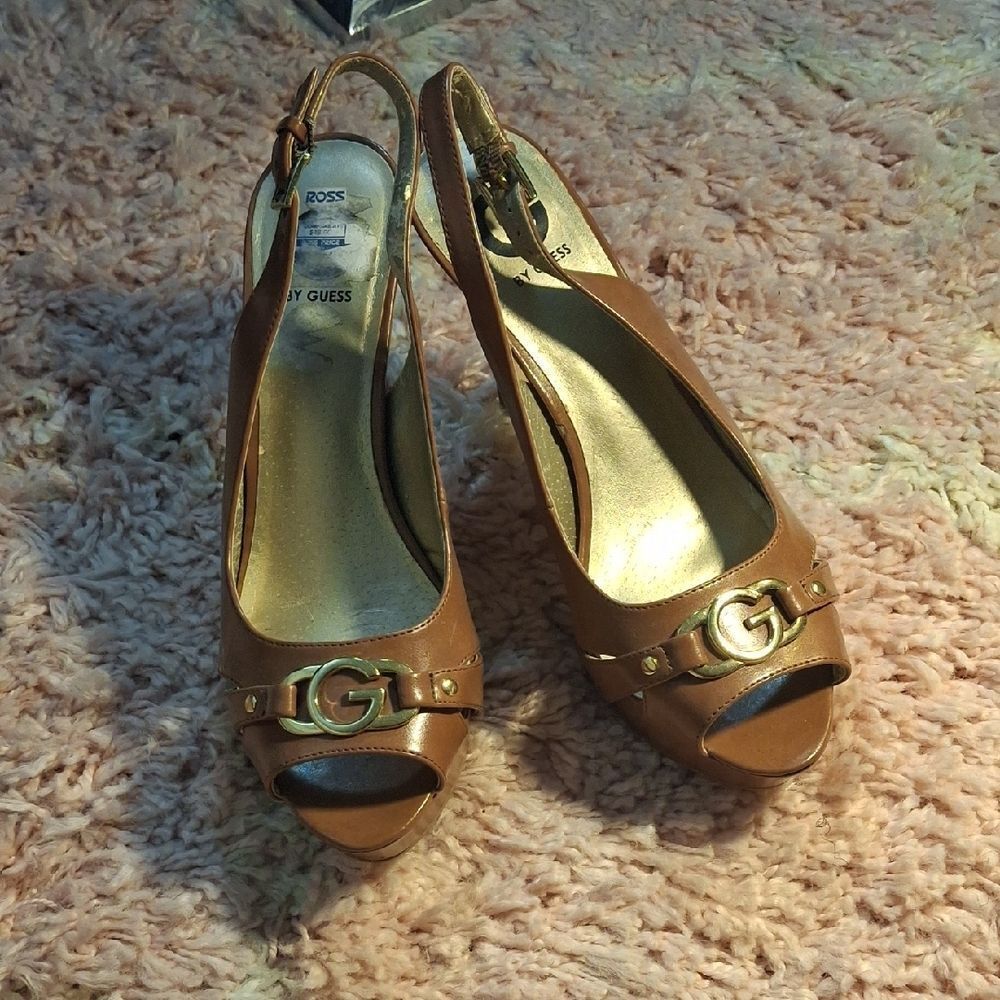 GUESS Tan Peep-Toe Slingback Heels with Gold Hardware